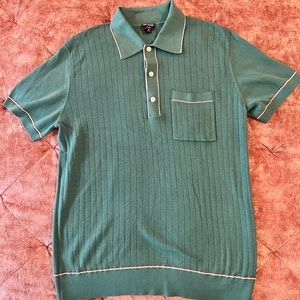 Italian Cotton Silk, Tipped Ribbed Polo, Sweater in Aqua